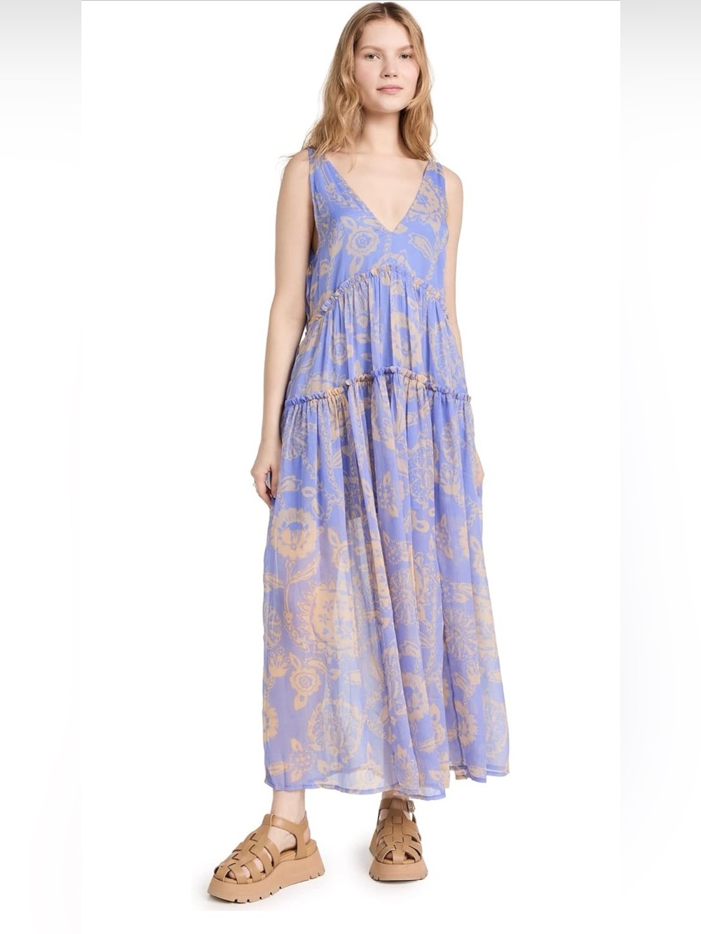 Free People Julianne Lavender Paisley Tiered V-Neck Maxi Dress‎ Size Medium